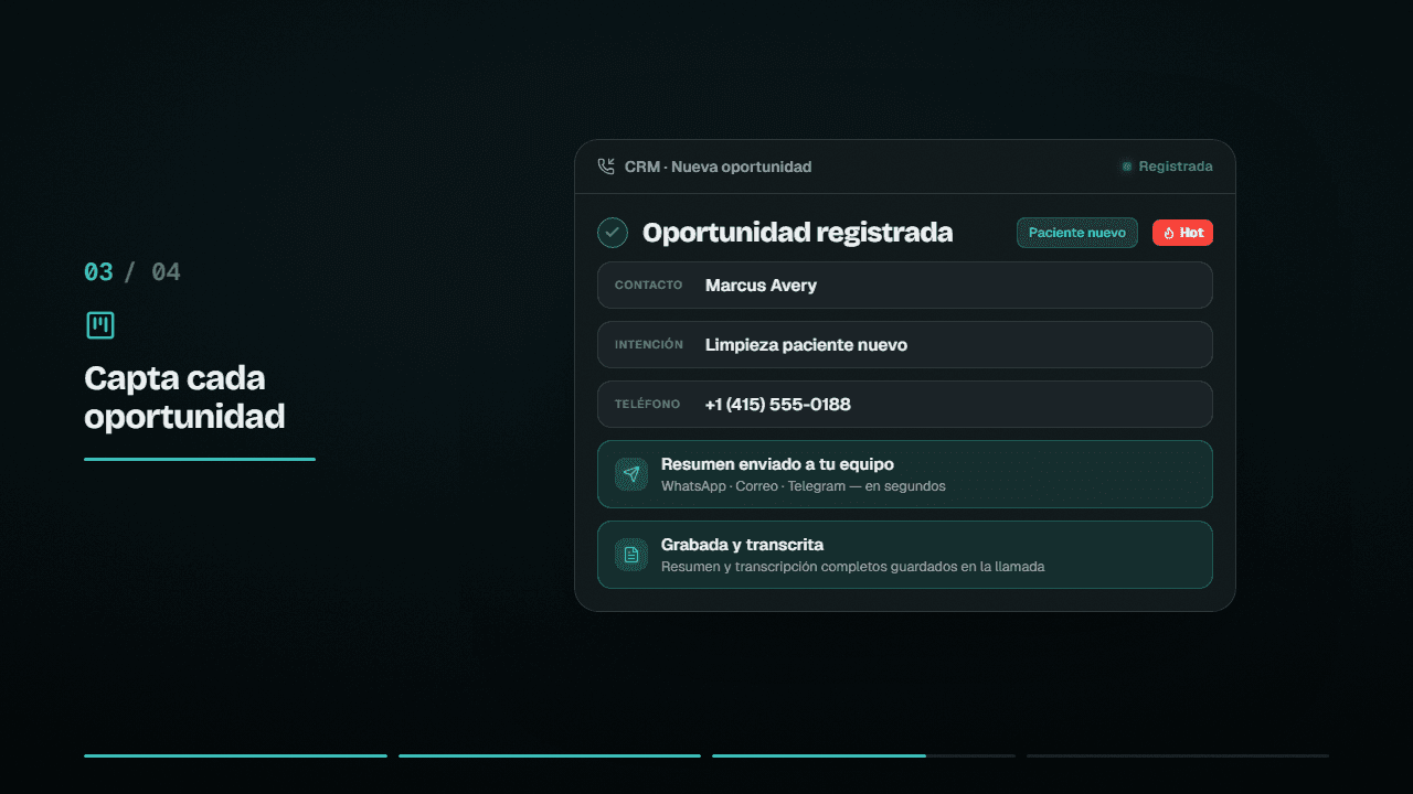 Recorrido animado por las funciones de Handlo: responder en cualquier idioma, fundamentar las respuestas en tus documentos, capturar y puntuar el lead, y avisar a tu equipo.