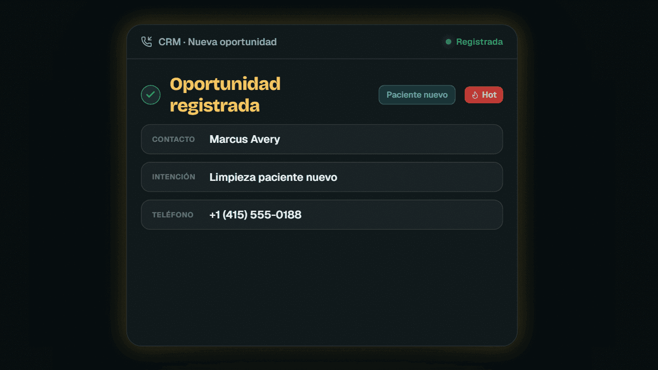 Demo animada: Handlo responde una llamada entrante, transcribe la conversación y captura los datos de la persona que llama como un nuevo cliente potencial.