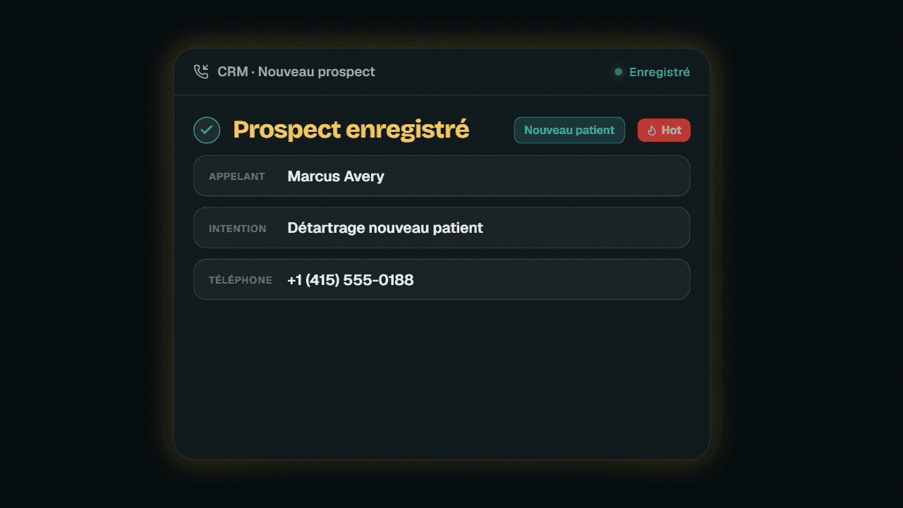 Démo animée : Handlo répond à un appel entrant, transcrit la conversation et capture les coordonnées de l'appelant en tant que nouveau prospect.
