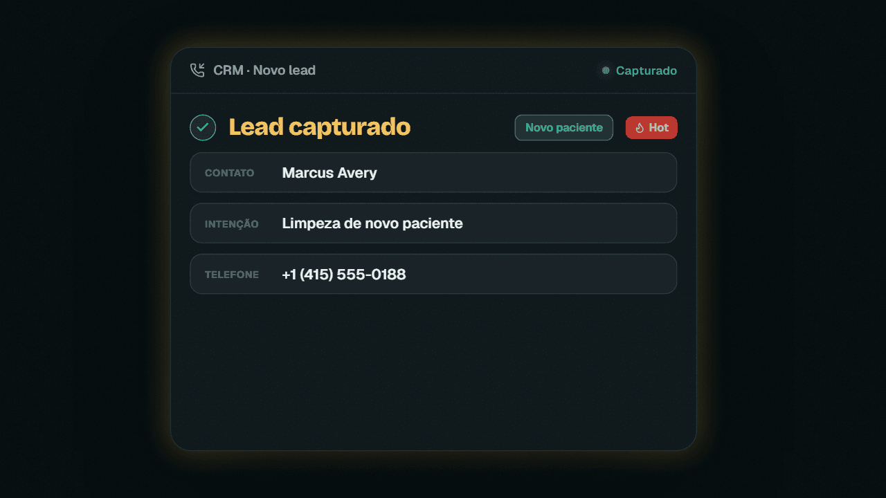 Demonstração animada: o Handlo atende uma chamada recebida, transcreve a conversa e captura os dados de quem ligou como um novo lead.